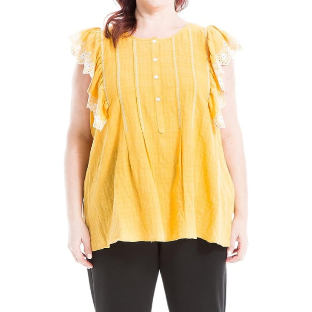 Max Studio NWT Yellow DANDY DOLLY Embroidered Stitch Flutter Sleeve Top, Size 2X